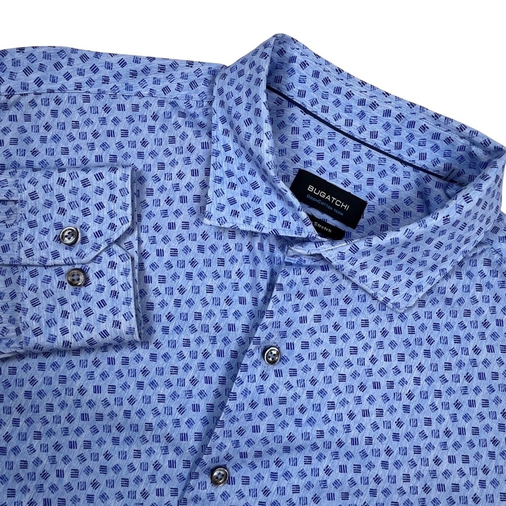 Bugatchi OoohCotton Tech 8 Way Stretch Shirt XL Blue Geometric Button Down Mens